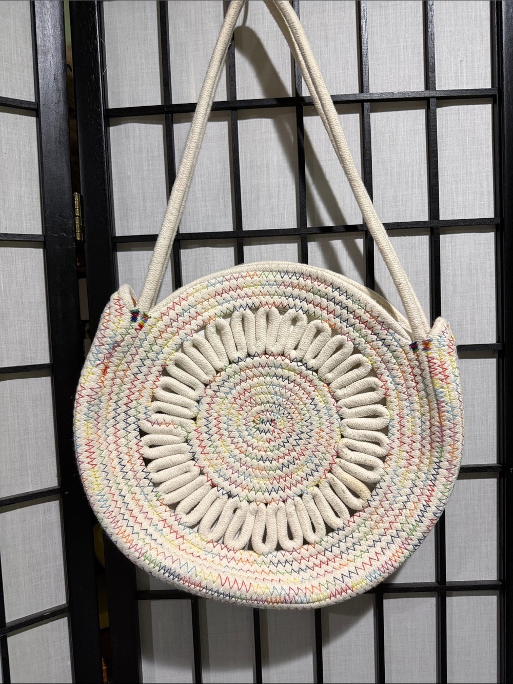 Shiraleah Cream Round Woven Cotton Crossbody/Handbag Multicolor Stitching 14”D
